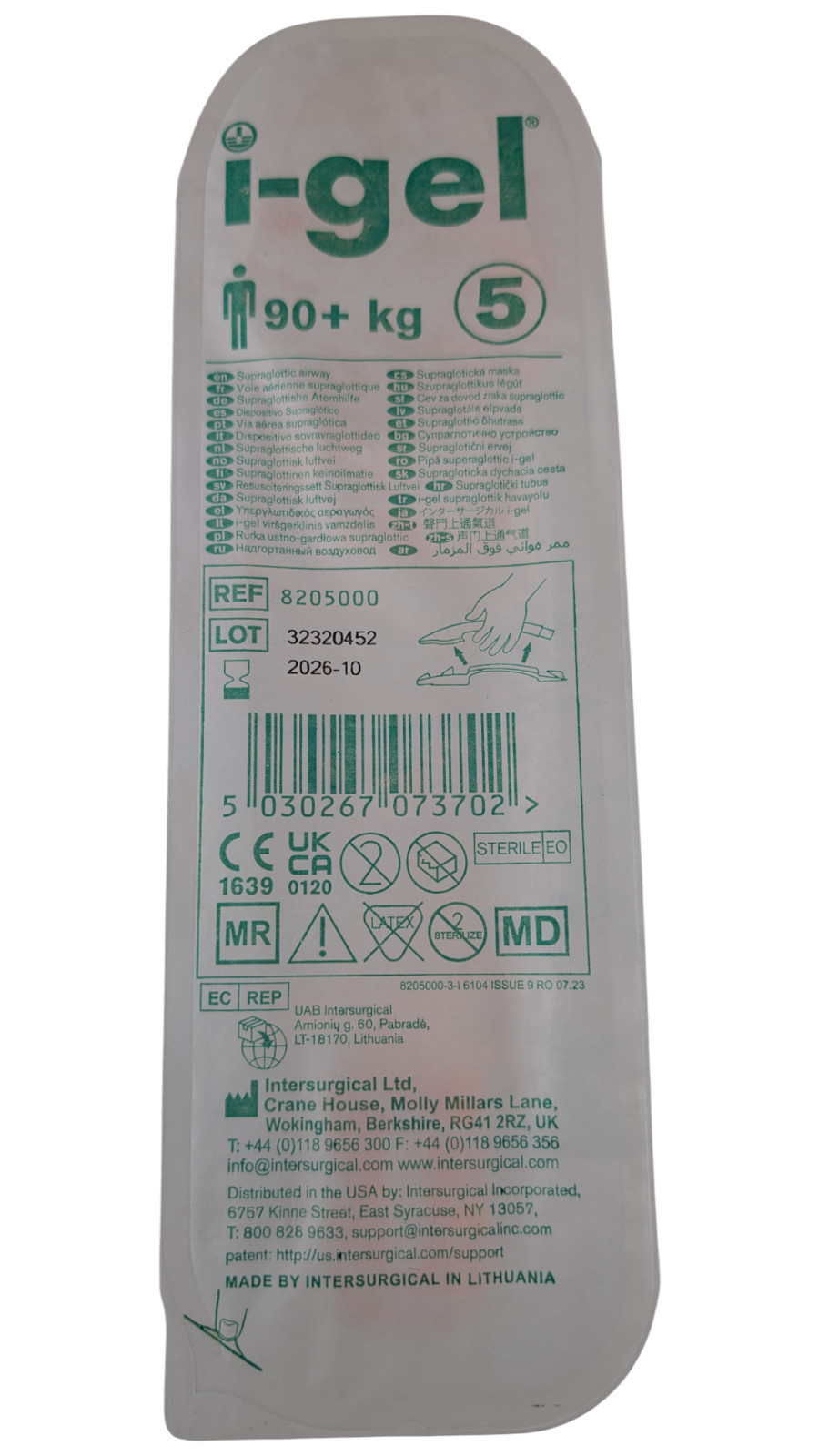 Intersurgical i-gel Supraglottic Airway Size 5 Large Adult 90+ kg REF 8205000