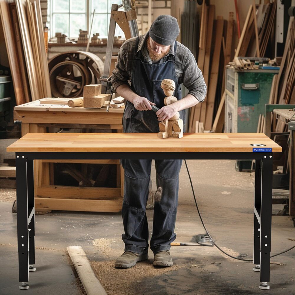 60″Adjustable Garage Workbench Rubber Wood Top 2PC 16×32 Metal Pegboard