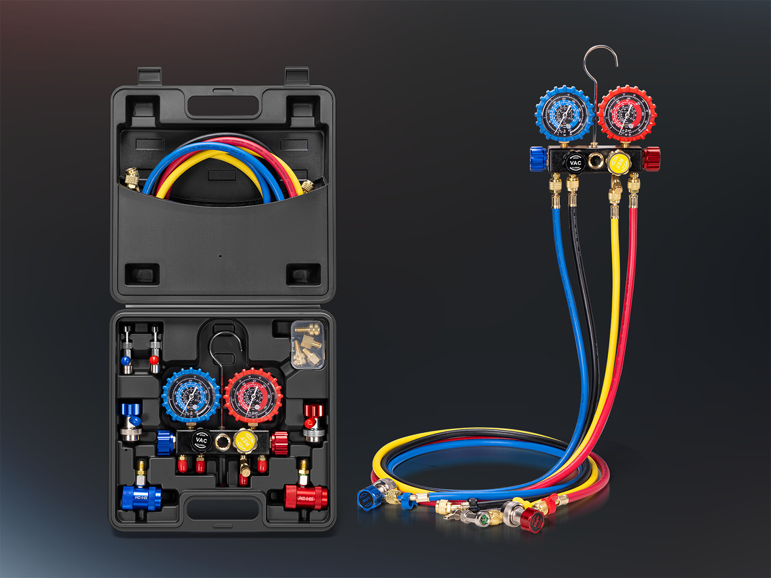 HVAC 4 Way Manifold Gauge Set with R134a R1234yf Quick Couplers and Can Taps