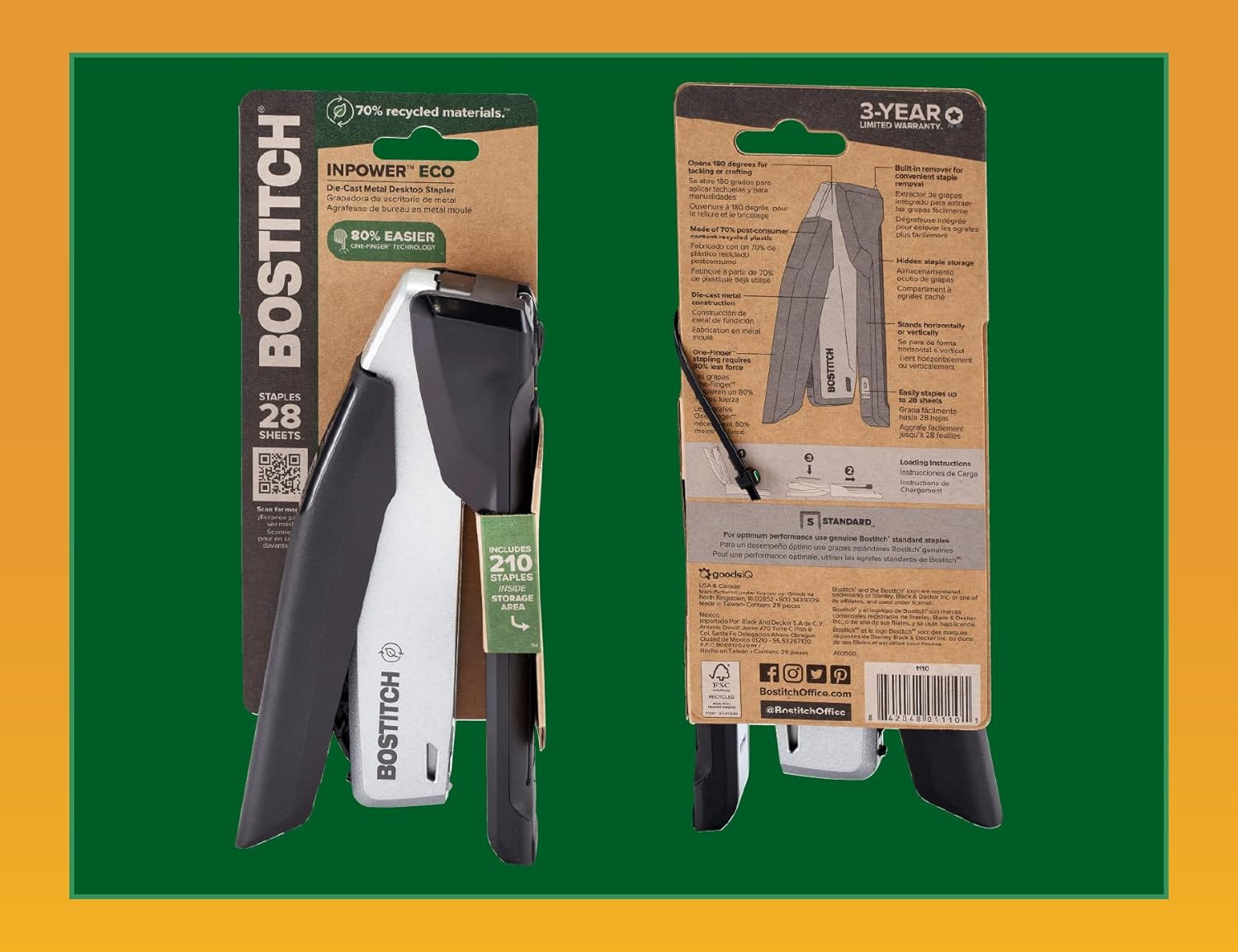 Bostitch Office Inpower Desktop Eco-Friendly Stapler, One-Finger Technology, Jam