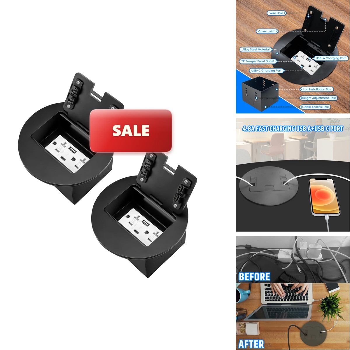 JACEPFY Recessed Floor Outlet 4.8A USB A+USB C 20A Receptacle Black, 2 Pack