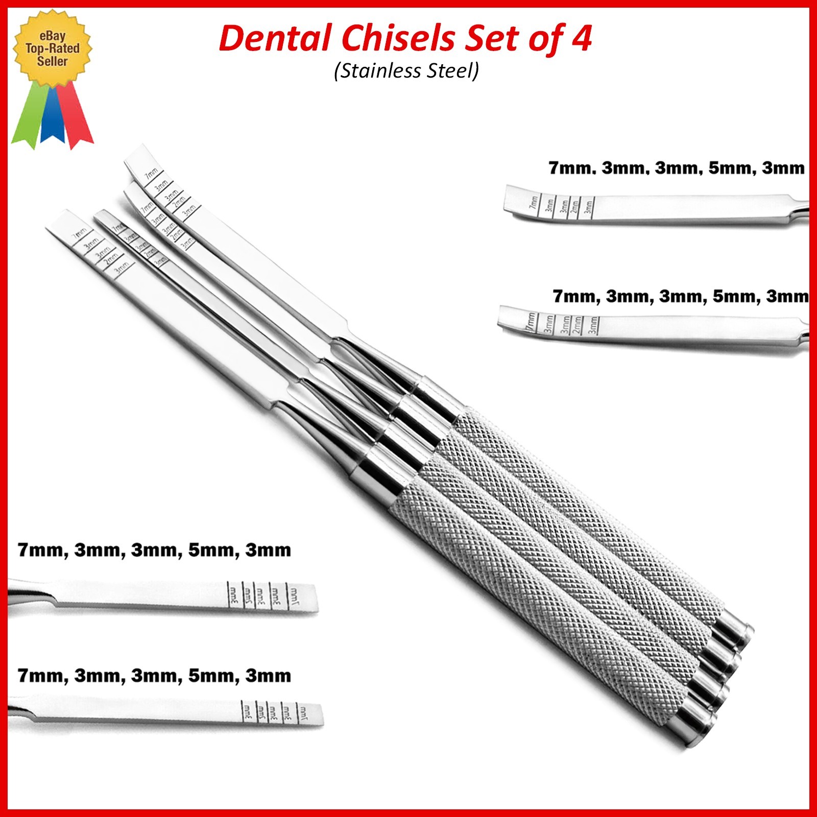 Set of 4 Dental Chisels Straight-Curved Surgical Ridge Bone Splitting Extraction