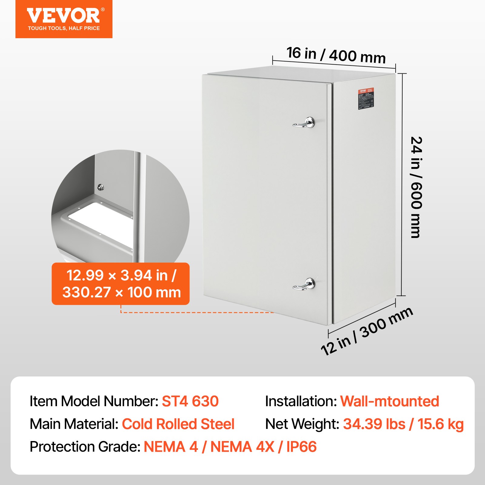 VEVOR Steel Electrical Box Electrical Enclosure Box 24x16x12» Carbon Steel IP65