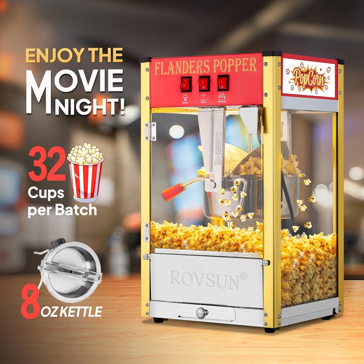 ROVSUN Commercial Popcorn Popper Machine 8oz Countertop Maker 850W 32 Cups Red