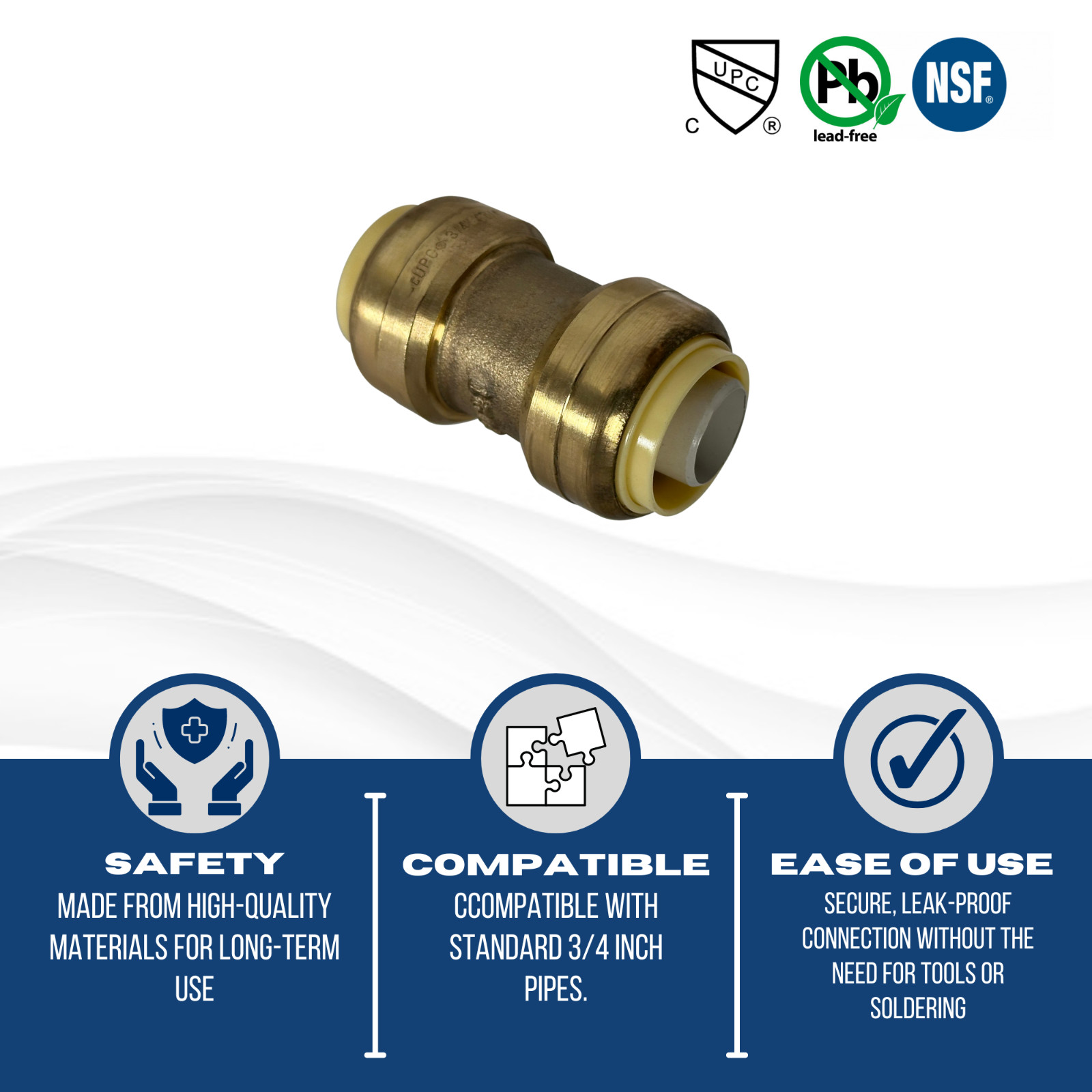12 Pcs 3/4″ x 3/4″ Push Fit Coupling, Lead Free Brass