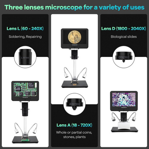 Andonstar 7″ LCD(HDMI)-AD246S-M, Digital Microscope-7″ (HDMI) 3 Lens AD246S-M