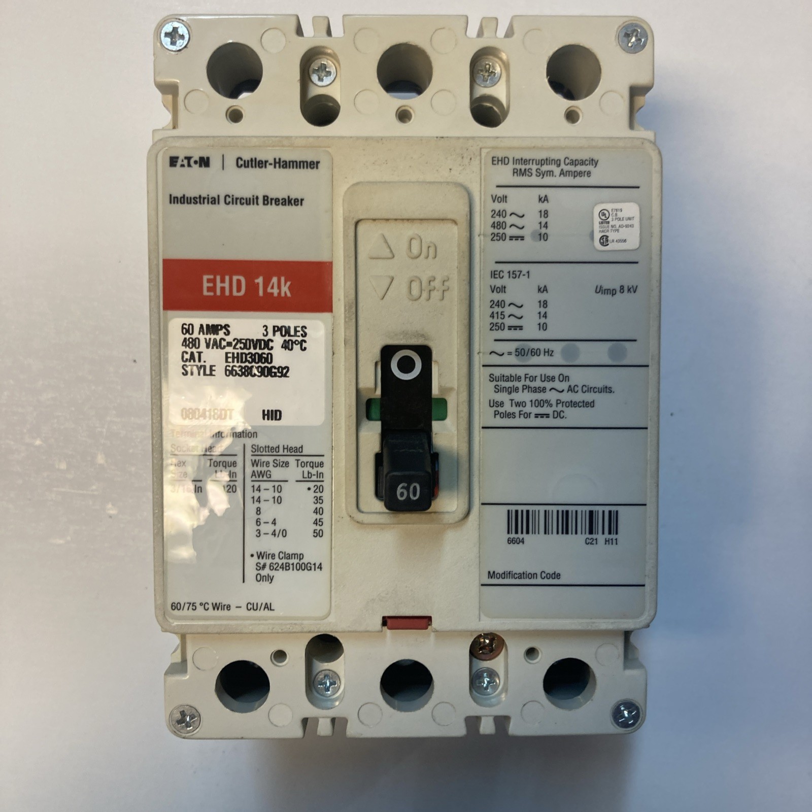 Eaton EHD3060 Industrial Circuit Breaker 60A 3-Pole 480VAC