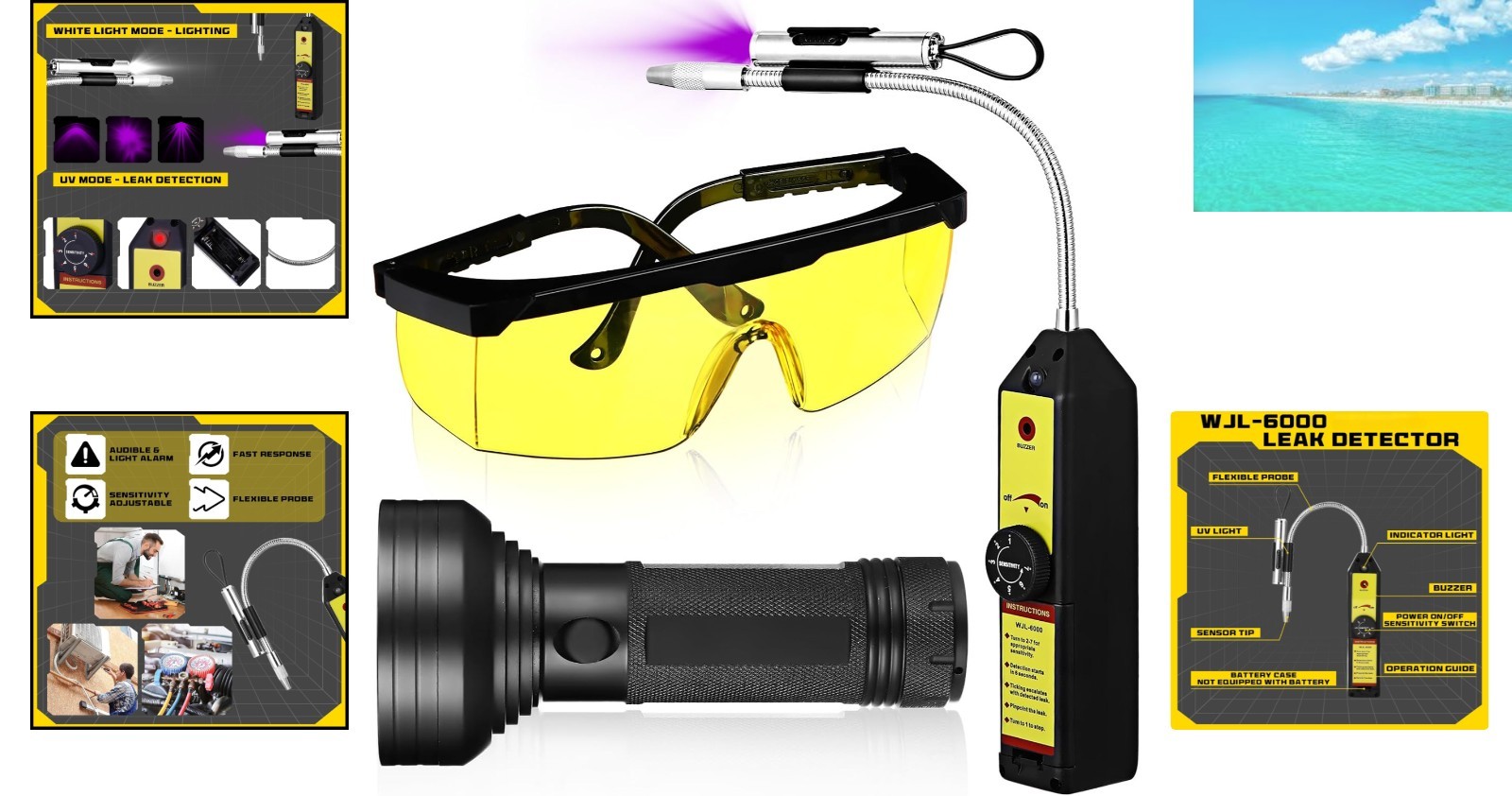 Rugged Refrigerant Leak Detection Tool with Adjustable Probe & UV Safety Glasses
