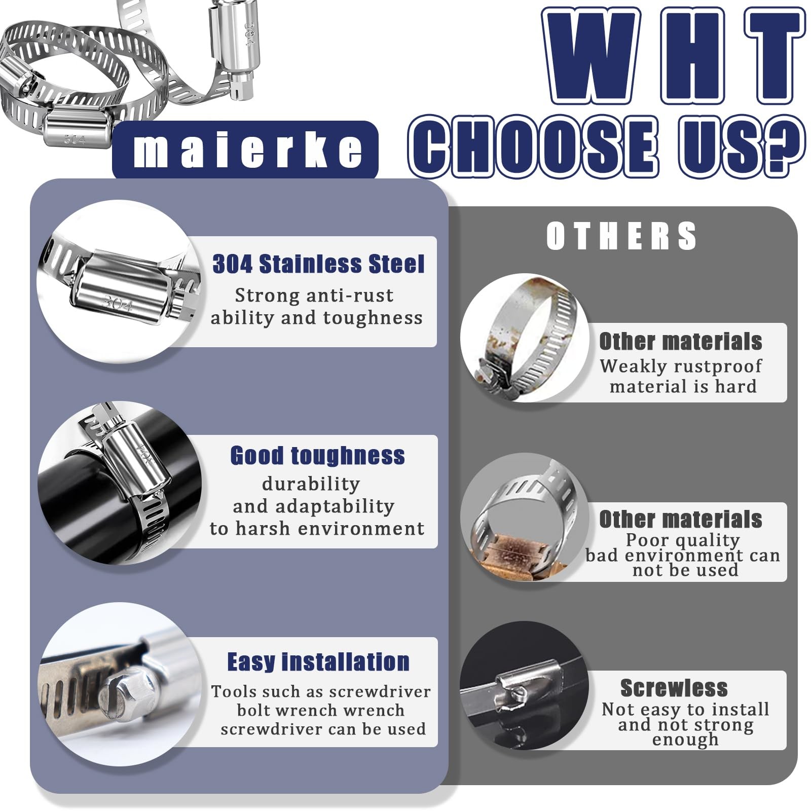 maierke 222PCS 304 Stainless Steel Hose Clamps Assortment 222pcs, Silver