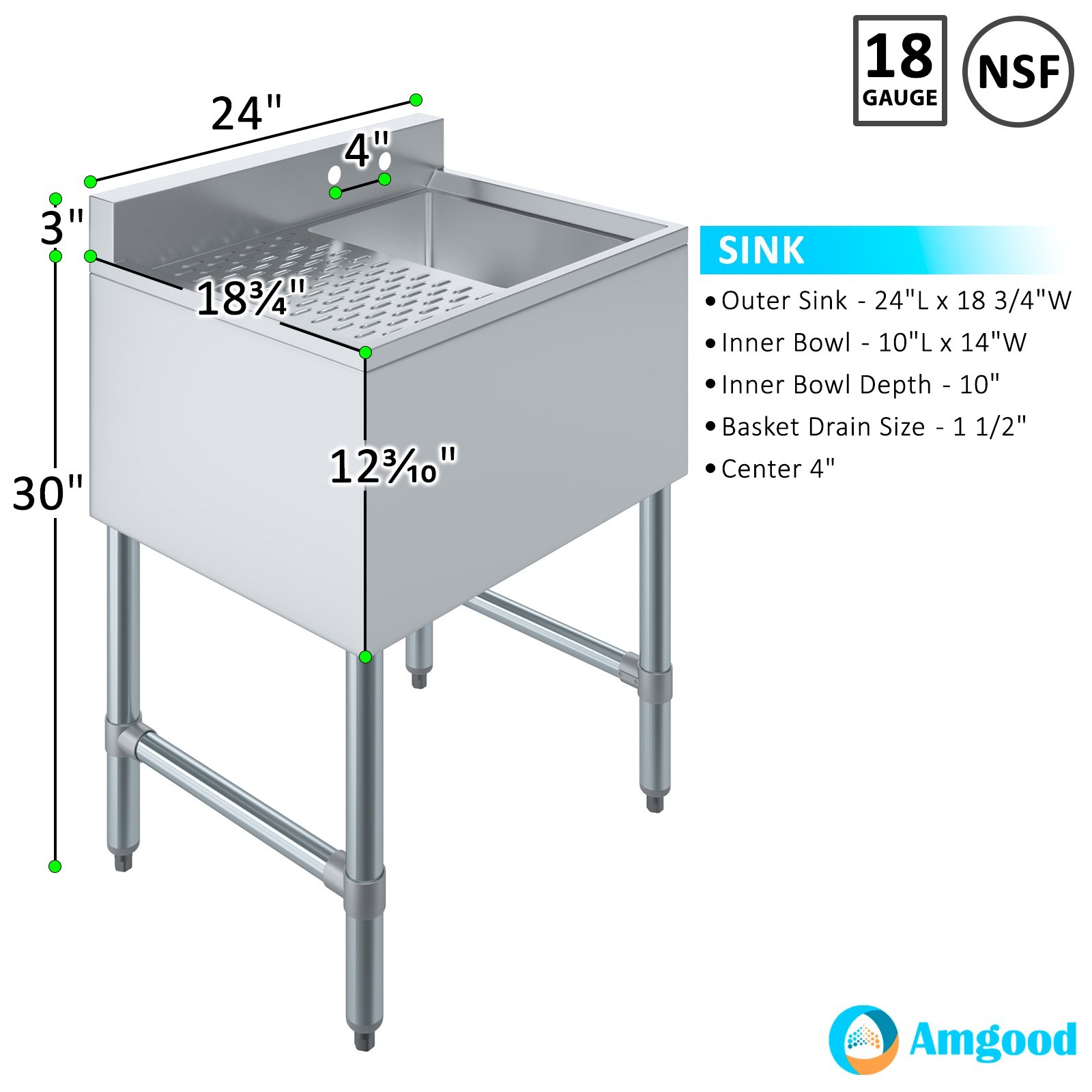 24 in. x 19 in. One Compartment Underbar Sink With Left Drainboard