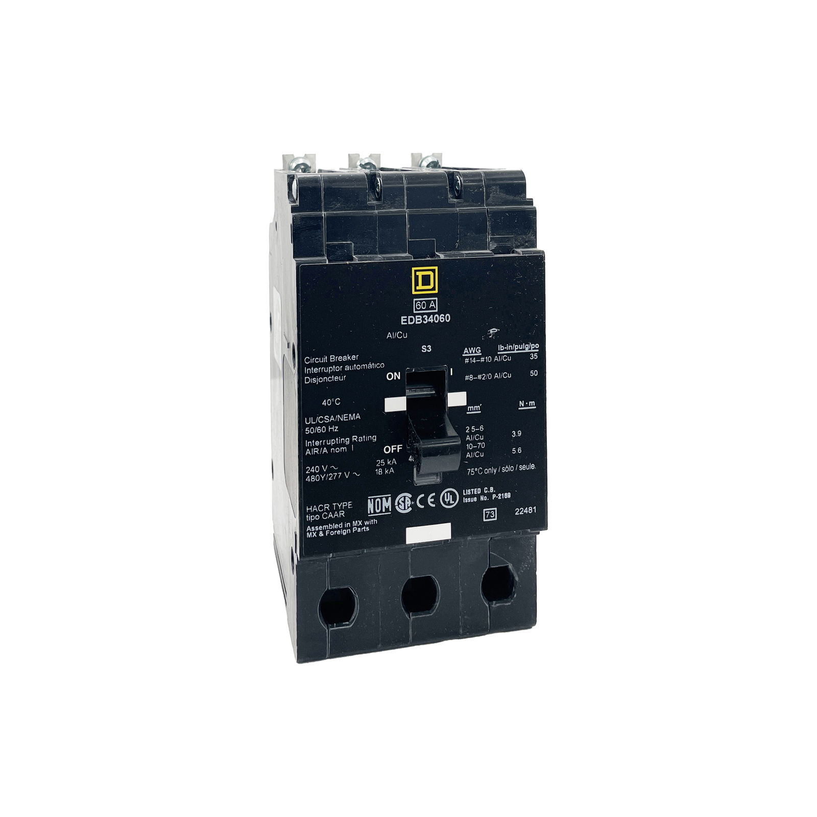 NIB – Square D – EDB34060 – Molded Case Circuit Breaker – 60A, 3-Phases, 480V