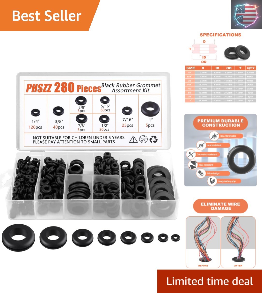 PSHZZ 280 PCS Rubber Grommets Kit, Rubber Hole Grommet Gaskets Assortment for..,