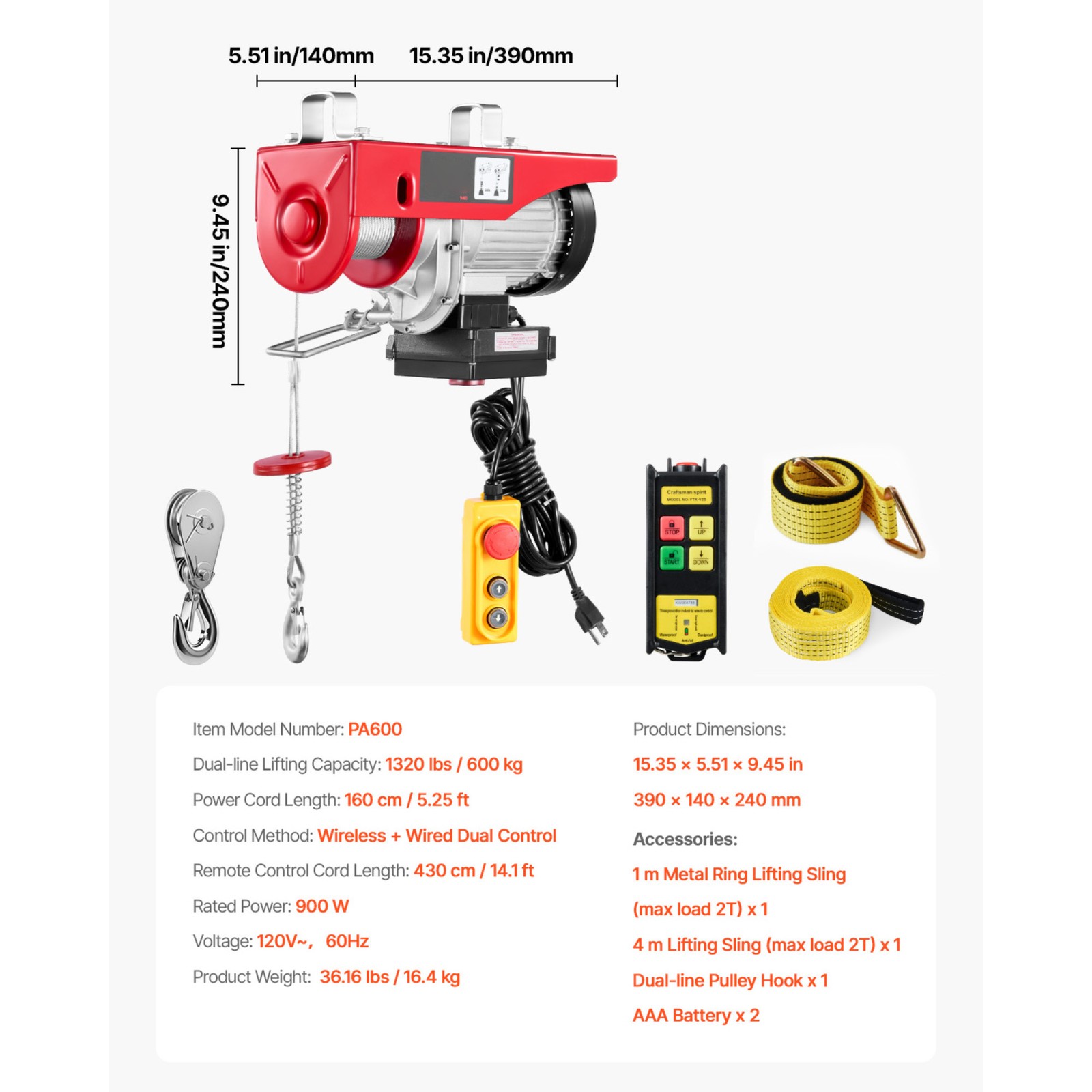VEVOR Electric Hoist Crane Winch 1320 lbs 328 ft Wireless & 14 ft Wired Remote