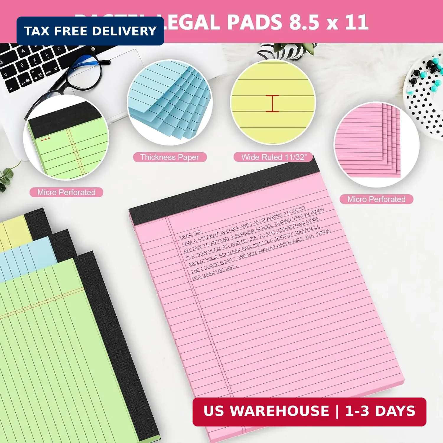 Colored Legal Pads 8.5×11 6 Pack Wide Ruled Note Pads 30 Sheets Pink