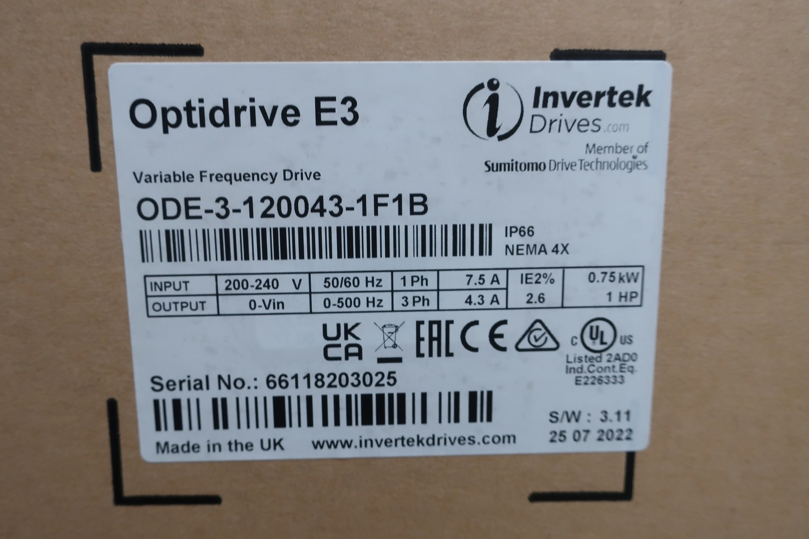 Invertek Drives ODE-3-120043-1F1B Optidrive E3 Vfd Drive 1hp 200-240v-ac 0-500hz