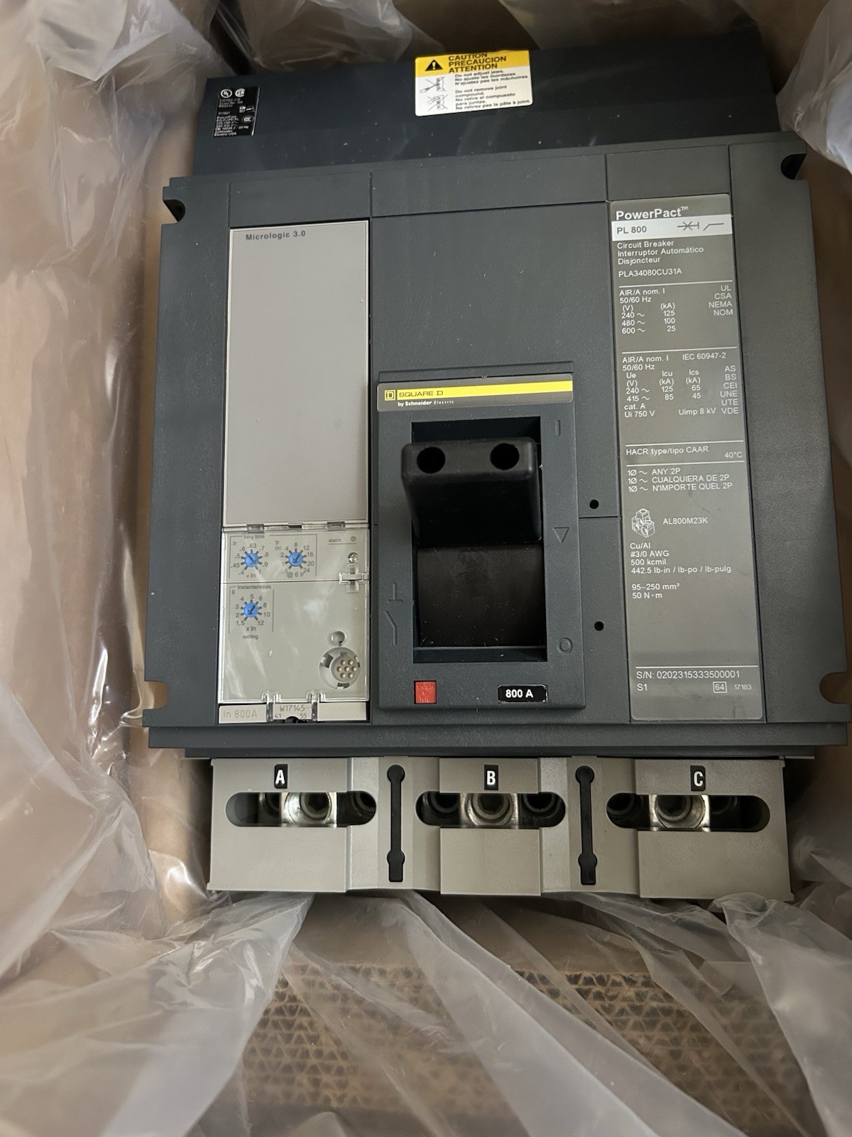 Circuit Breaker , Power Pact P 800A, 3 Pole ,480VAC, 100KA ,I-Line PLA34080CU31A