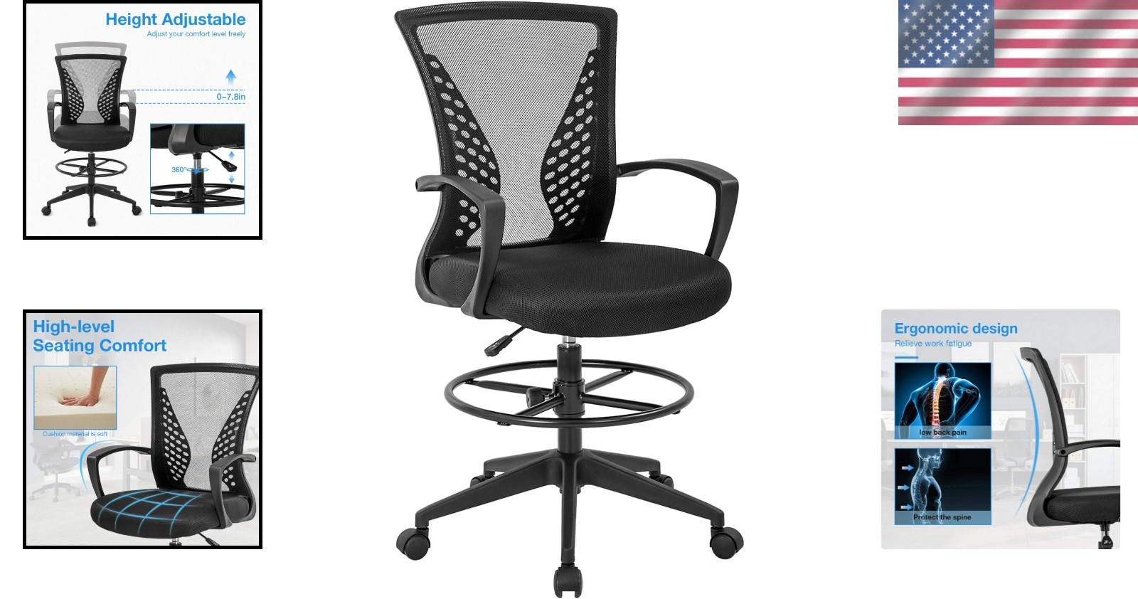 Ergonomic Drafting Chair with Adjustable Height & Mesh Back for Ultimate Comfort