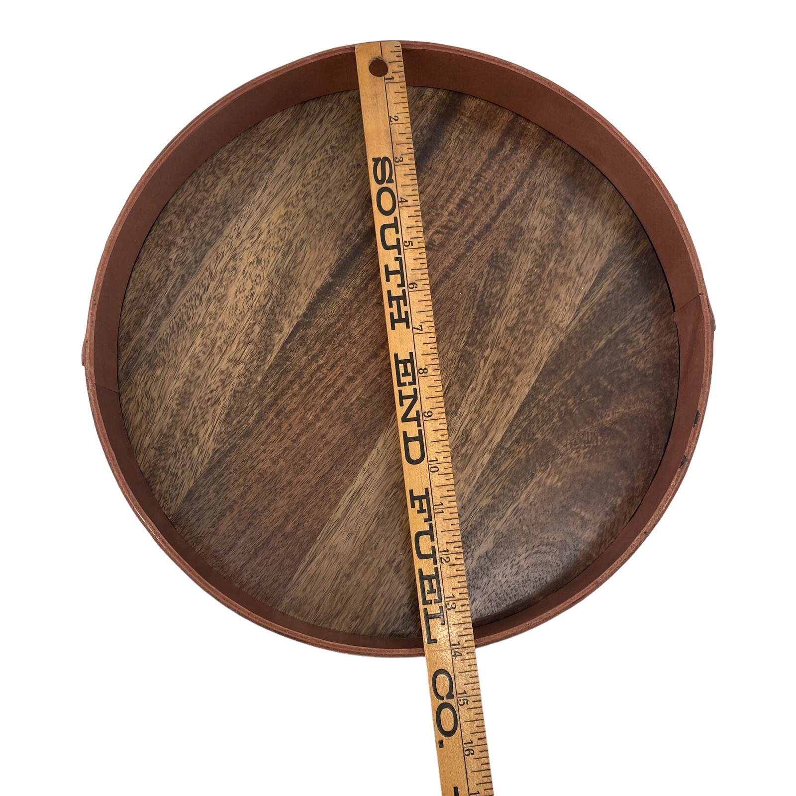 Vintage Wood and Leather 14″ Round Tray Handmade MCM Mid Century 4 lbs Any Room