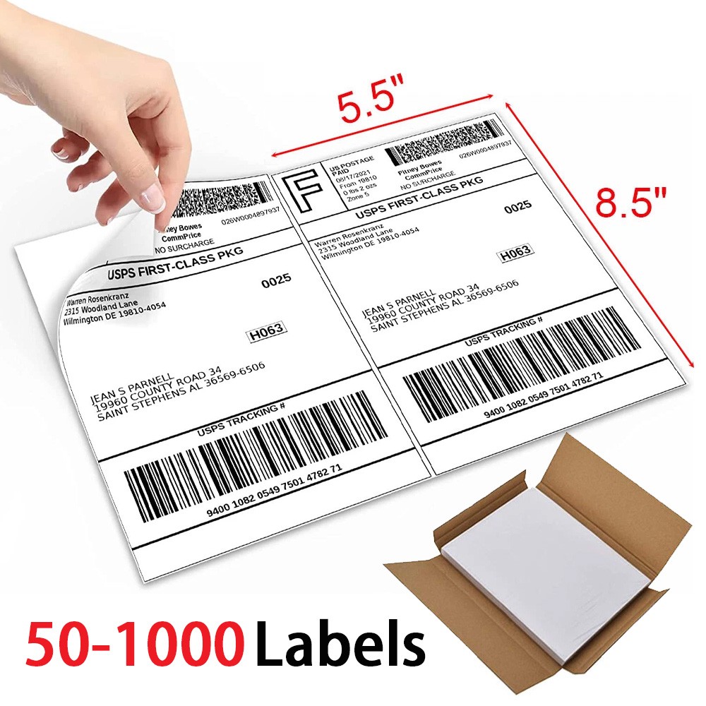 50-1000 Shipping Labels 8.5″ x 5.5″ Half Sheets Blank Self Adhesive 2 Per Sheet