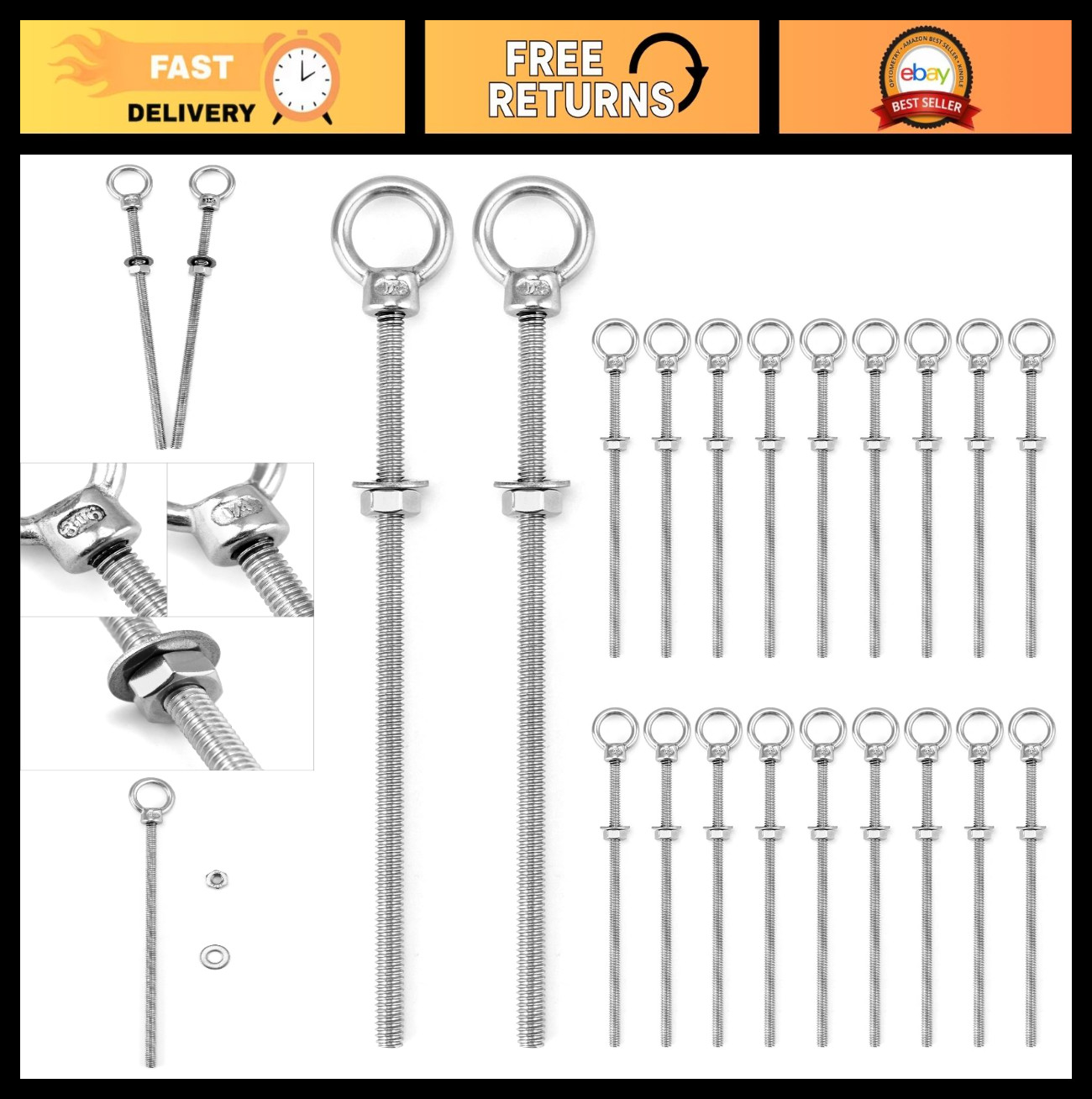 20 Pack 1/4″ x 6″ Stainless Steel Eyebolts, Marine Grade Shoulder Eye Bolts, Coa