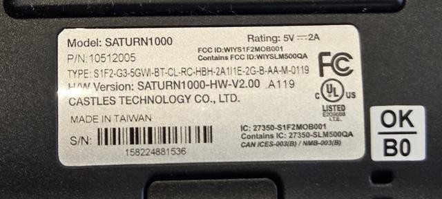 CASTLES TECHNOLOGY SATURN1000 HANDHELD POS TERMINAL +BATTERY & ADAPTER 10512005