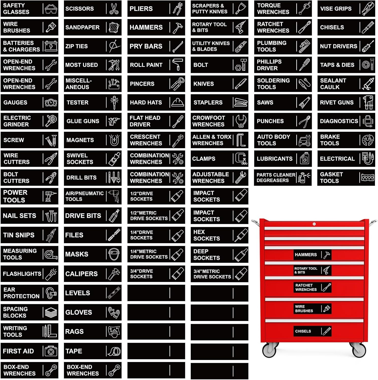 100PCS Magnetic Toolbox Labels Tool Chest Drawer Organizer Tags Pre Printed Set