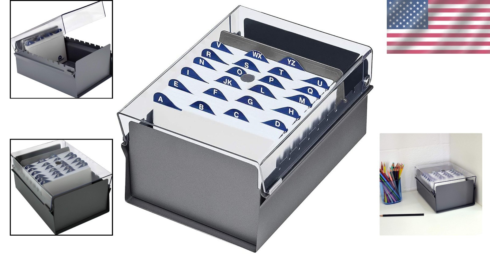Durable 4×6 Card Holder, Metal Base, Clear Plastic Lid, AZ Index Included