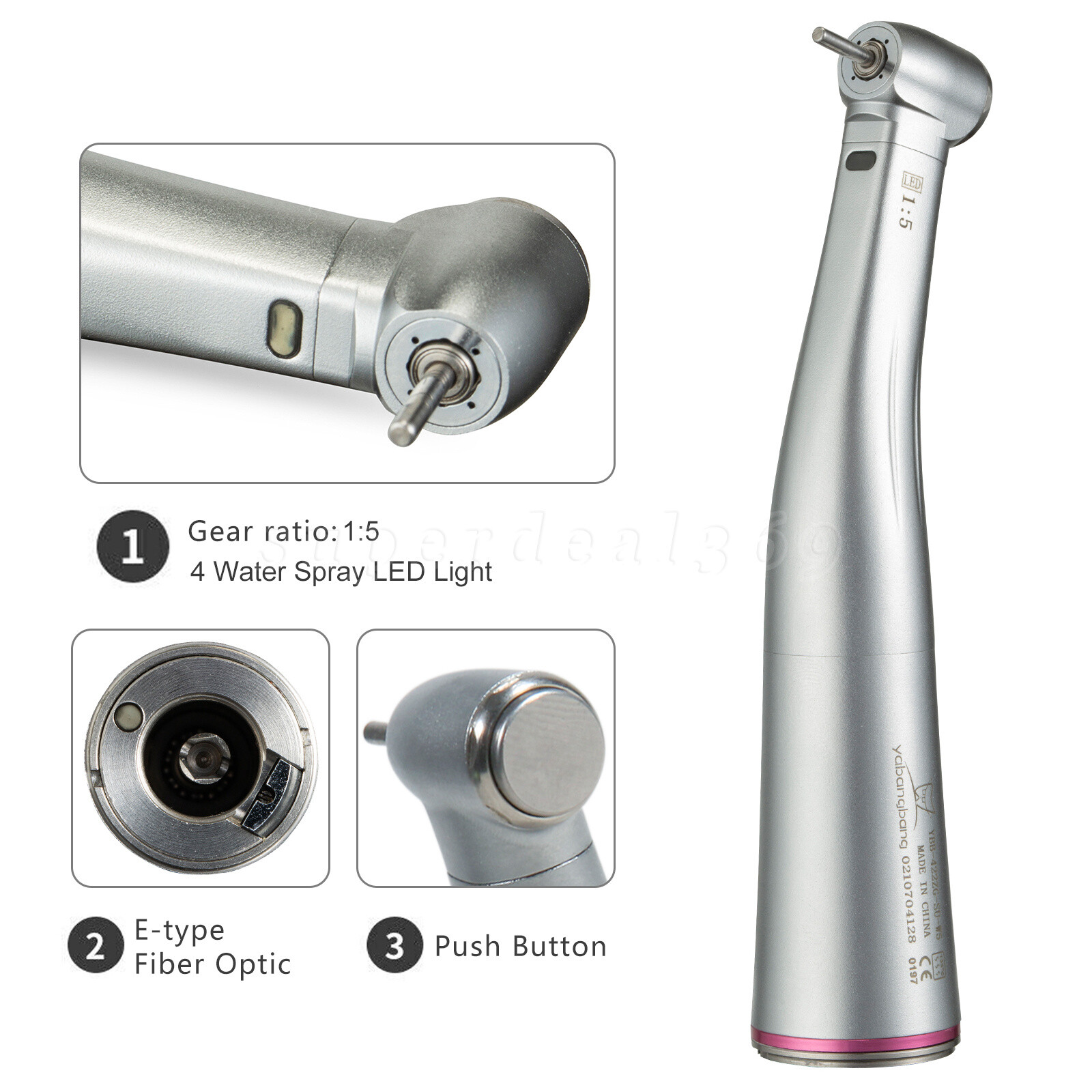NSK Style LED Dental 1:5 Fiber Optic Contra Angle Fit Micro Motor