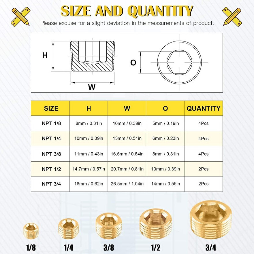 16Pcs Brass NPT Plug Assortment Kit 5 Sizes1/8″ 1/4″ 3/8″ 1/2 «3/4» Internal hex