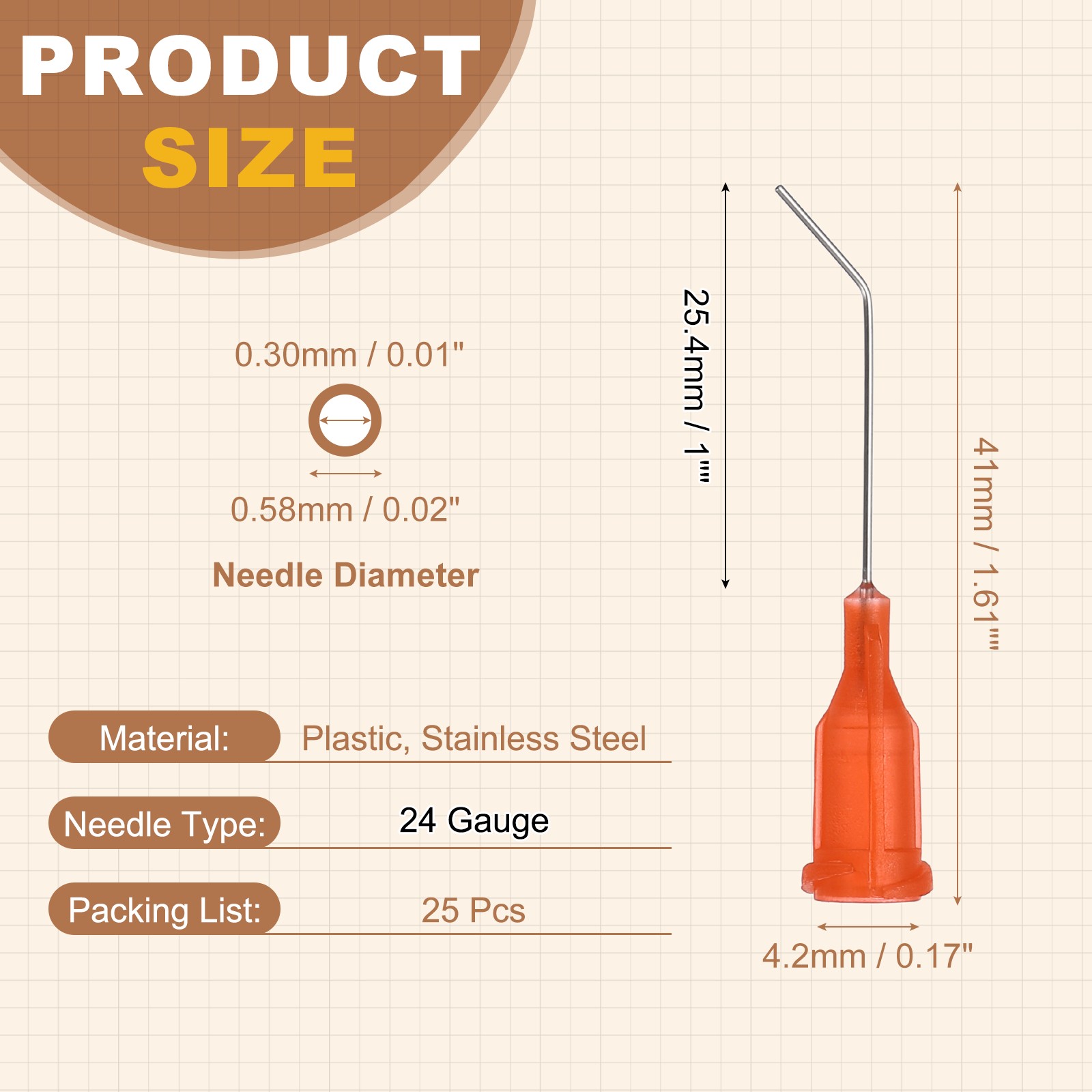25Pcs 1Inch 24Ga 45° Angled Dispensing Needles, Orange Red