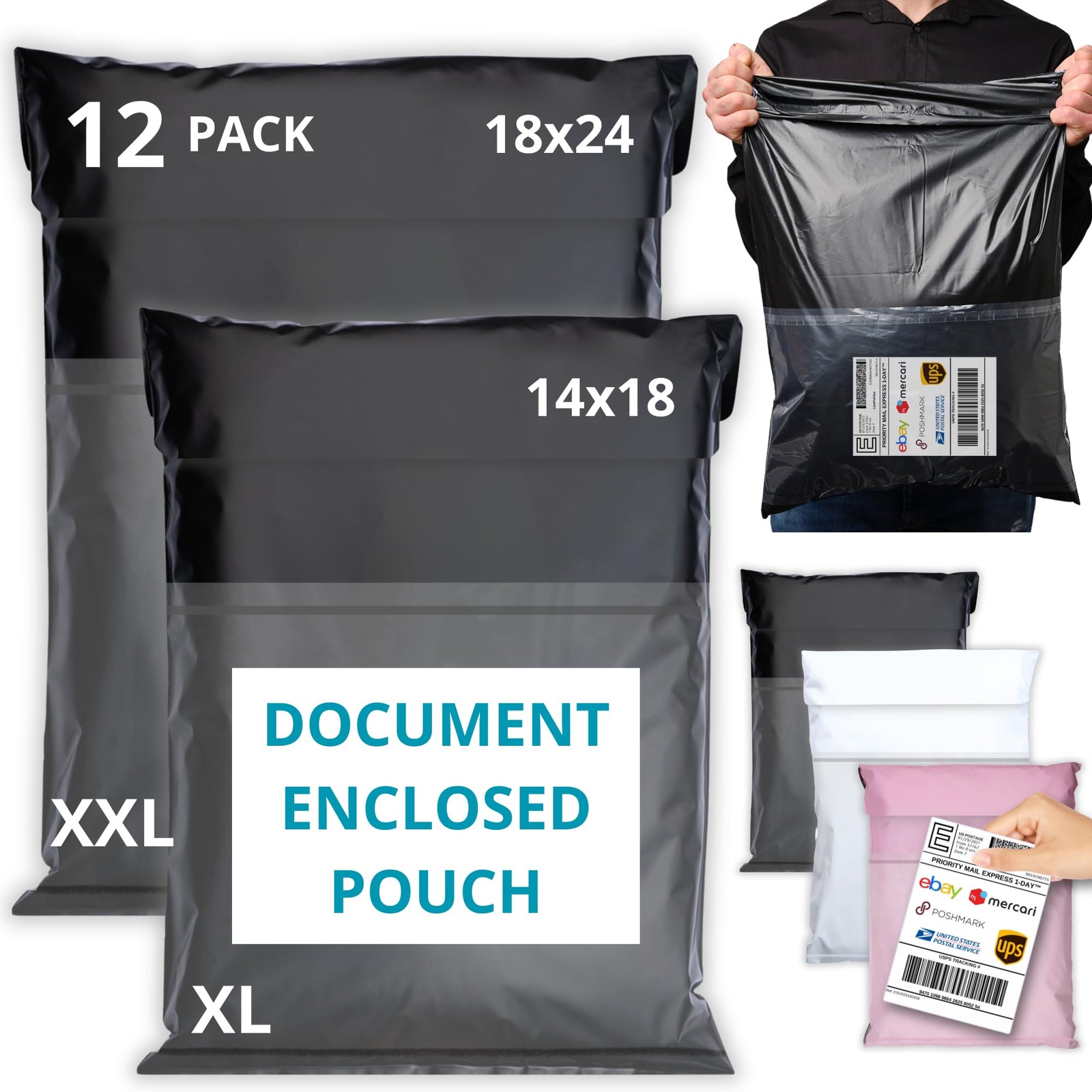 EMBALLAX Shipping Bags (12 Pack) with 2 Sizes Incl. 14×18 & 18×24, Black