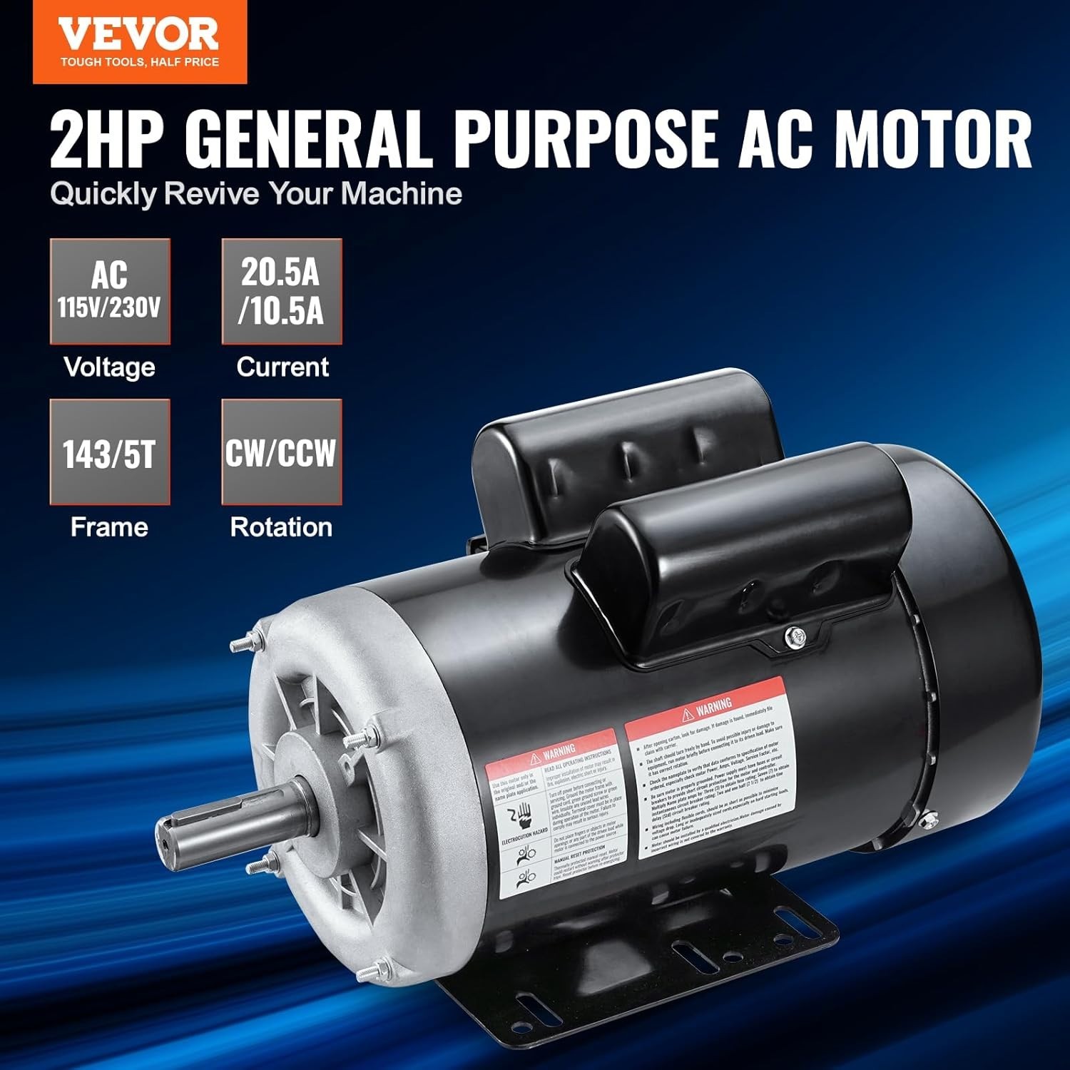 2HP Electric Motor 1725 RPM AC 115V/230V 143/5T Frame CW/CCW Rotation
