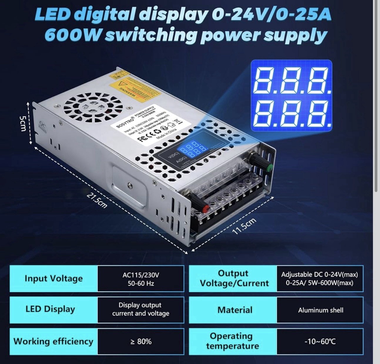 24V Adjustable DC Switching Power Supply 600W AC 110V/220V-DC 0-24V Converter
