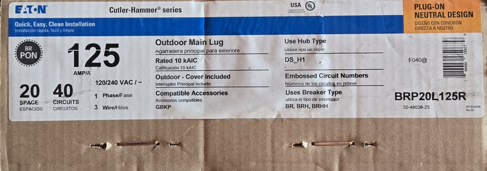Eaton BRP20L125R Loadcenter Outdoor Main Lug 125A 20-Spaces 40-Circuits