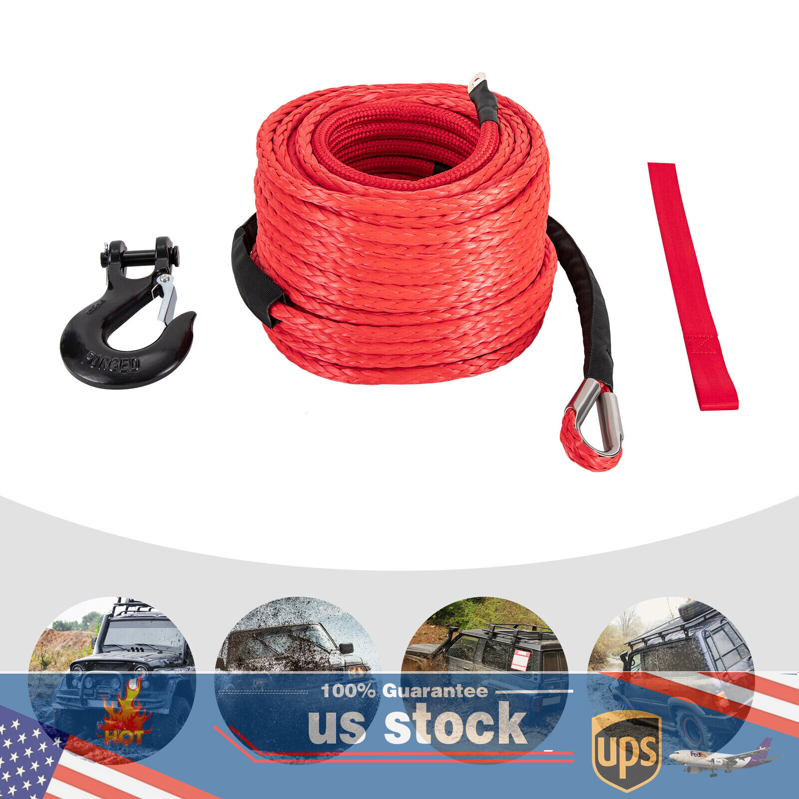 1/2″x92ft Synthetic Winch Line Cable Rope With Sleeve + Winch Hook For ATV UTV