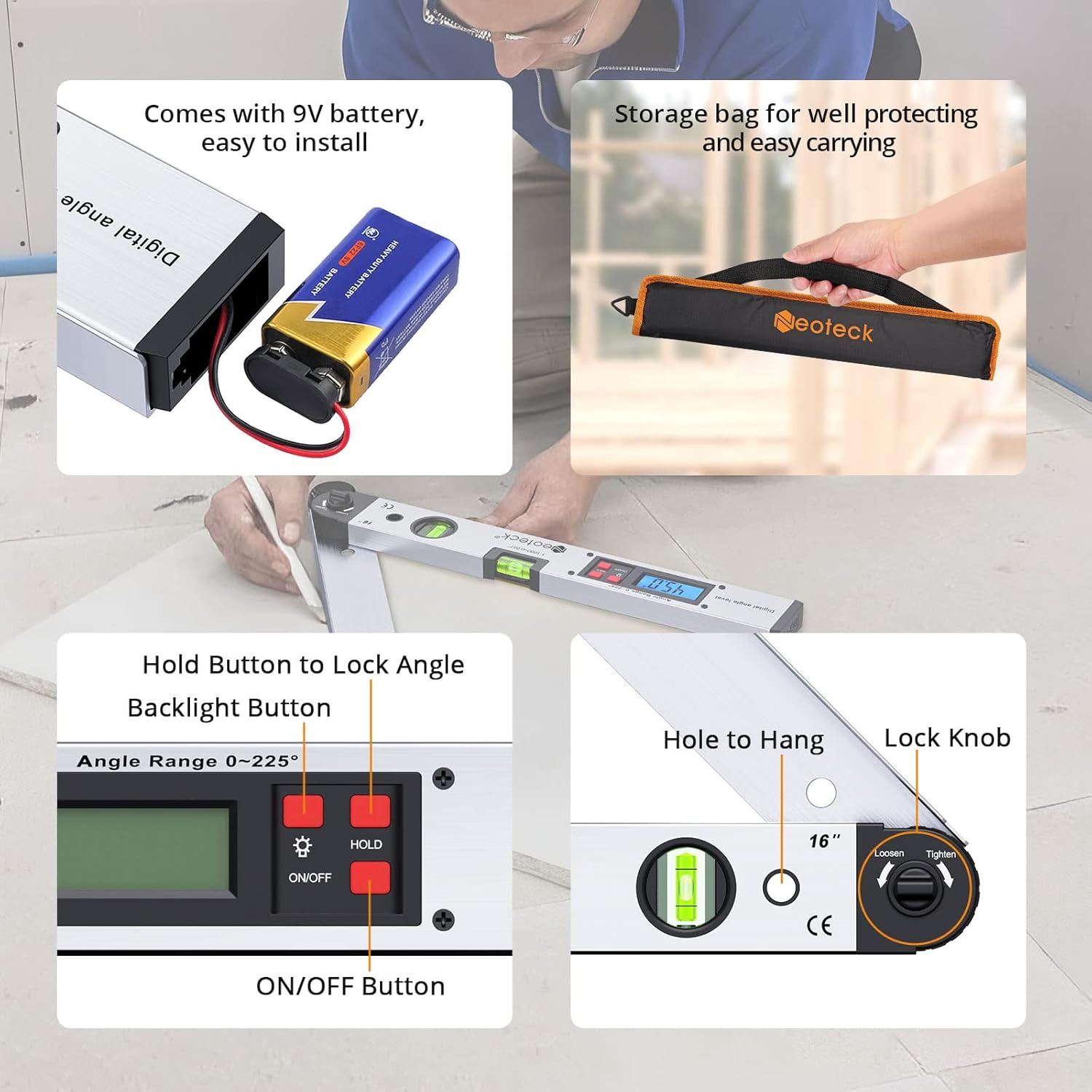 Aluminum Digital Angle Finder Protractor 225° 16 Inch Backlit LCD Digital with H
