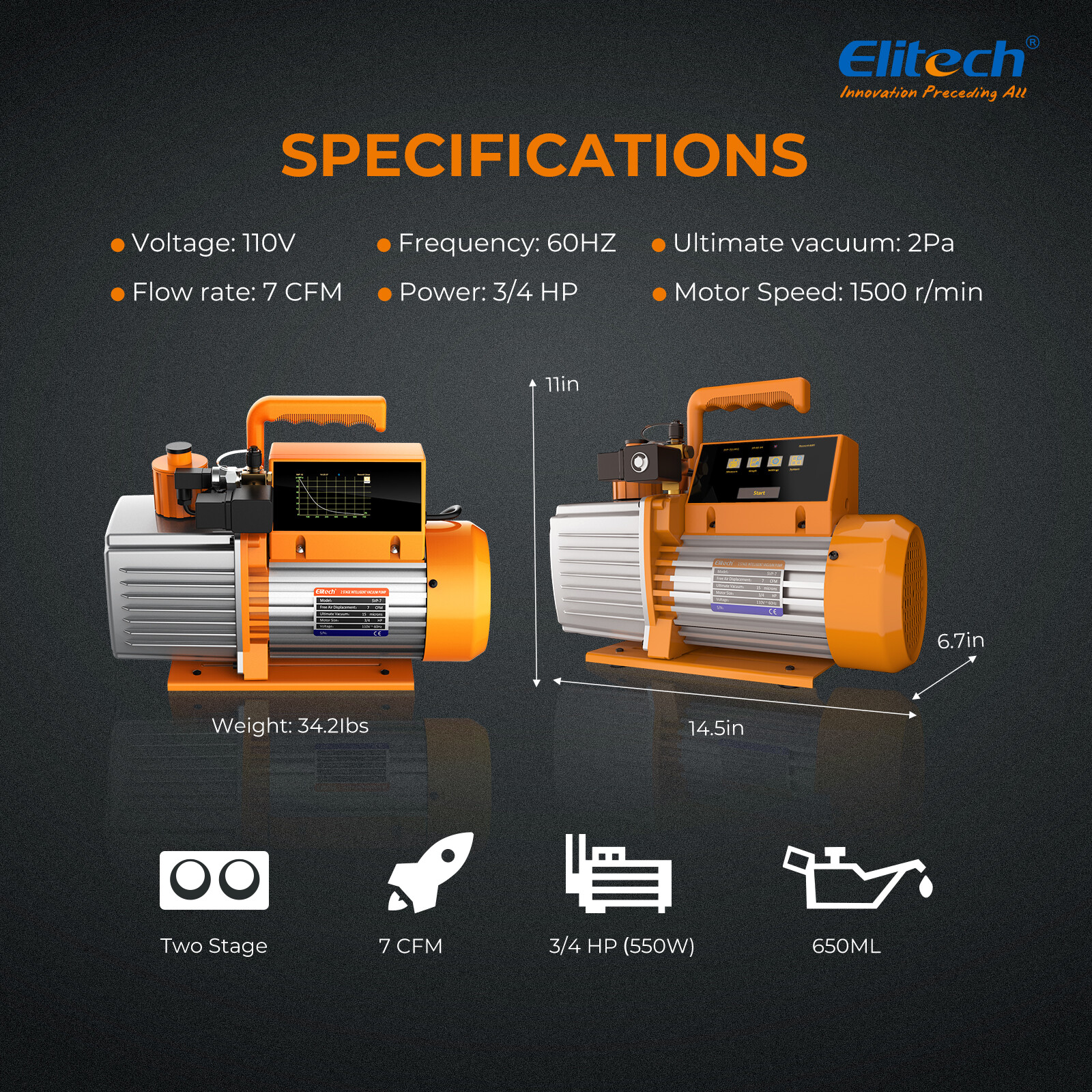 Elitech Vacuum Pump 2 Stage Intelligent HVAC Refrigerant Recharging Touch Screen