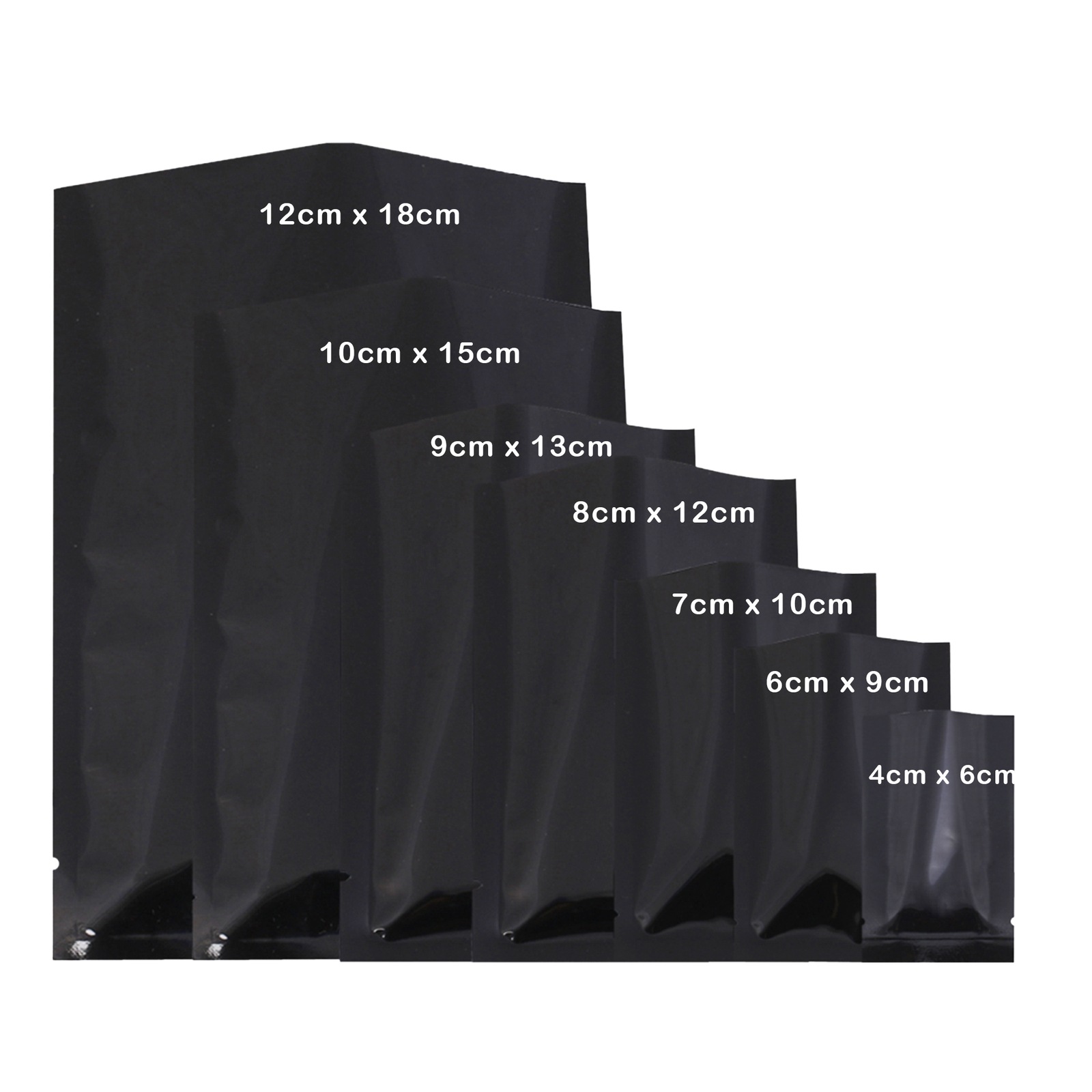Flat Glossy Black Foil Open Top Mylar Bags Sample Pouches Variety Quantity Sizes