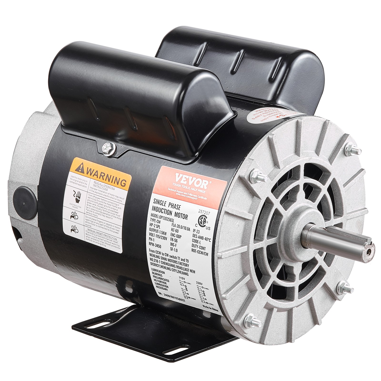 VEVOR 2HP SPL Air Compressor Motor 115/230V 20/10A 3450RPM 56 Frame CW Rotation