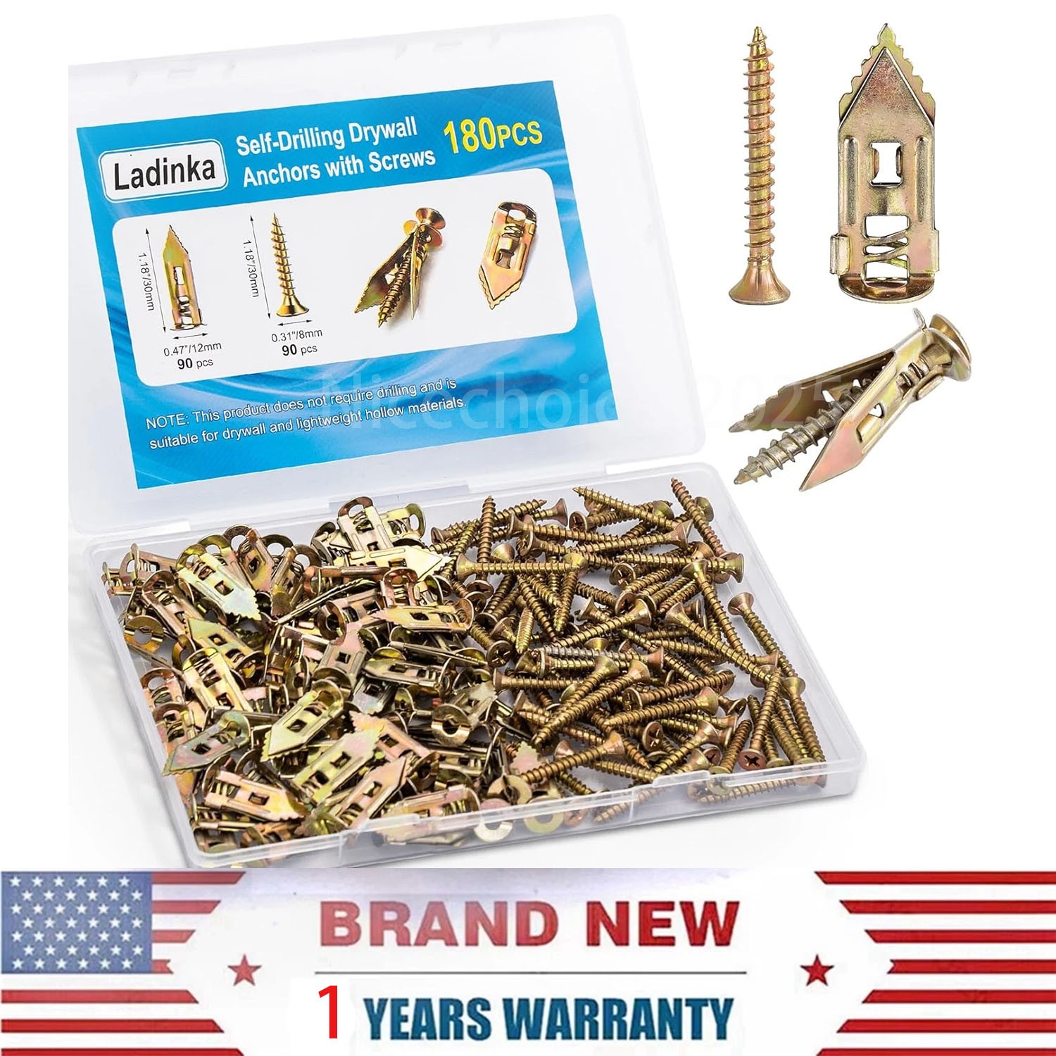 180 PCS Self-Drilling Drywall Anchors KIT – 90 Metal Winged Zinc Plated Drywall