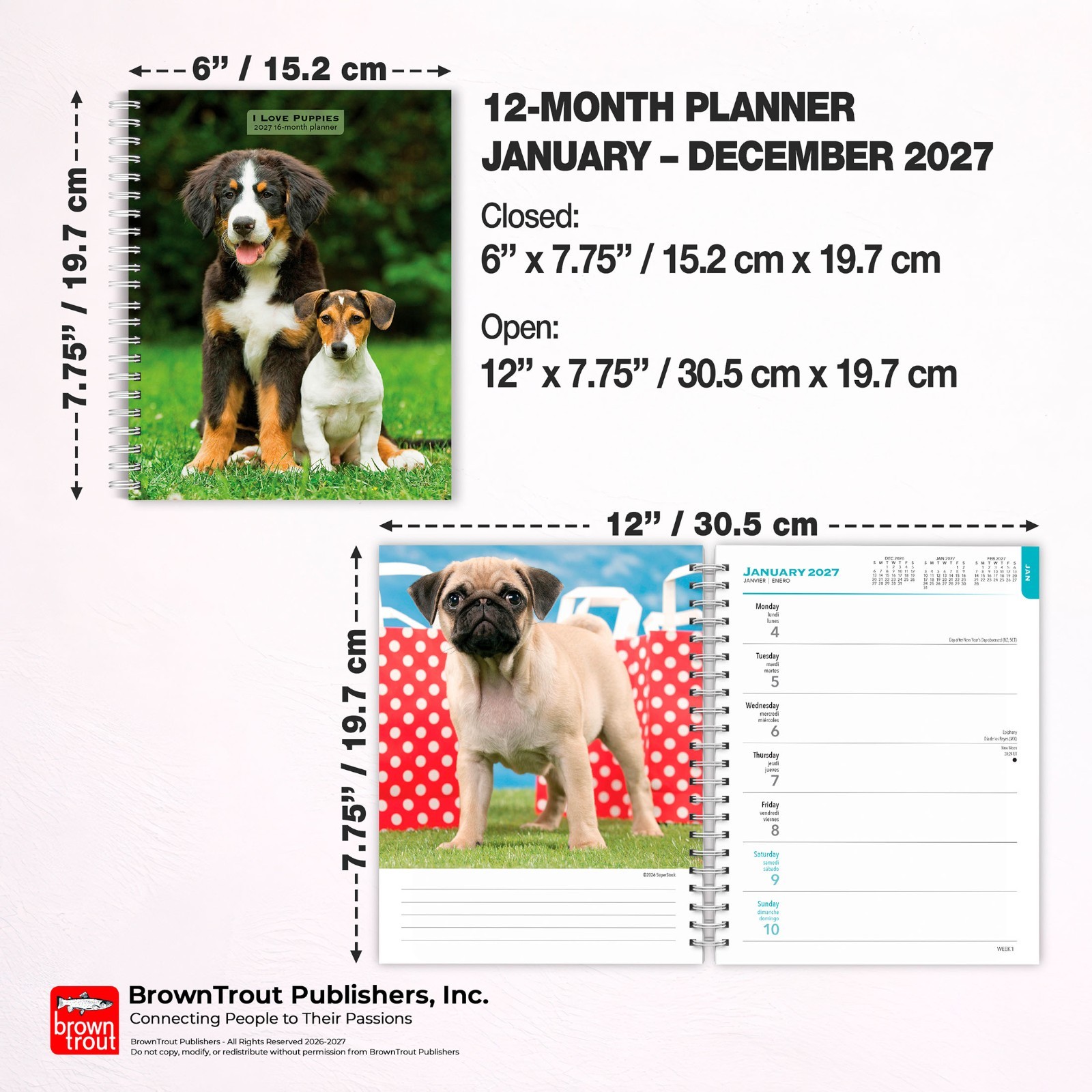 I Love Puppies | 2027 6×7.75″ Spiral-Bound Wire-O Engagement Planner Calendar