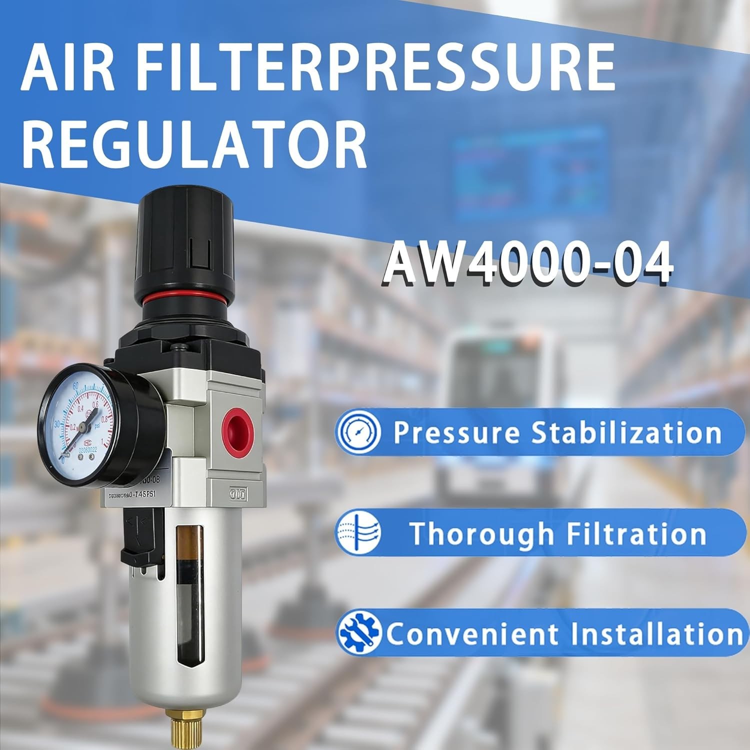 1/2″ NPT Compressed Air Filter Regulator Combo with Semi-Auto Drain 0-150 PSI