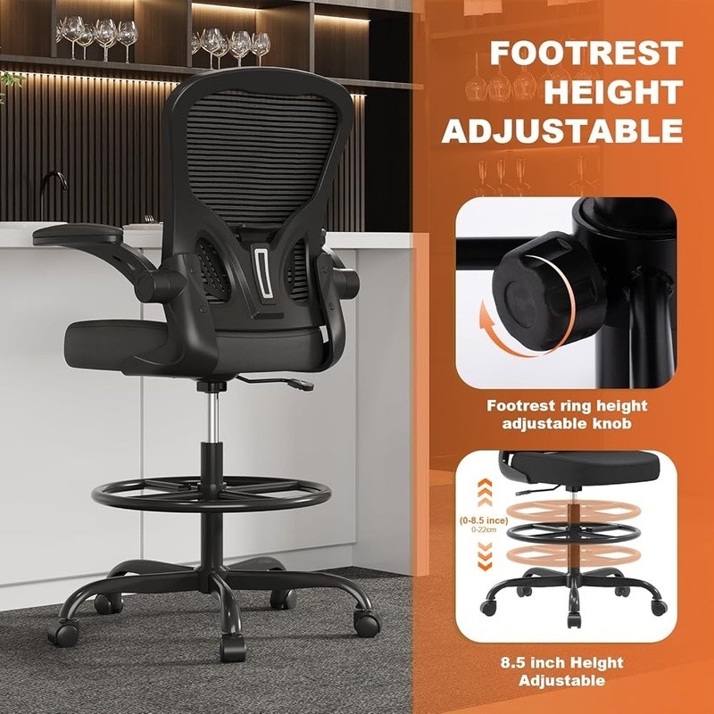 Ergonomic Drafting Chair Adjustable Lumbar Support Flip-up Armrests Footrest