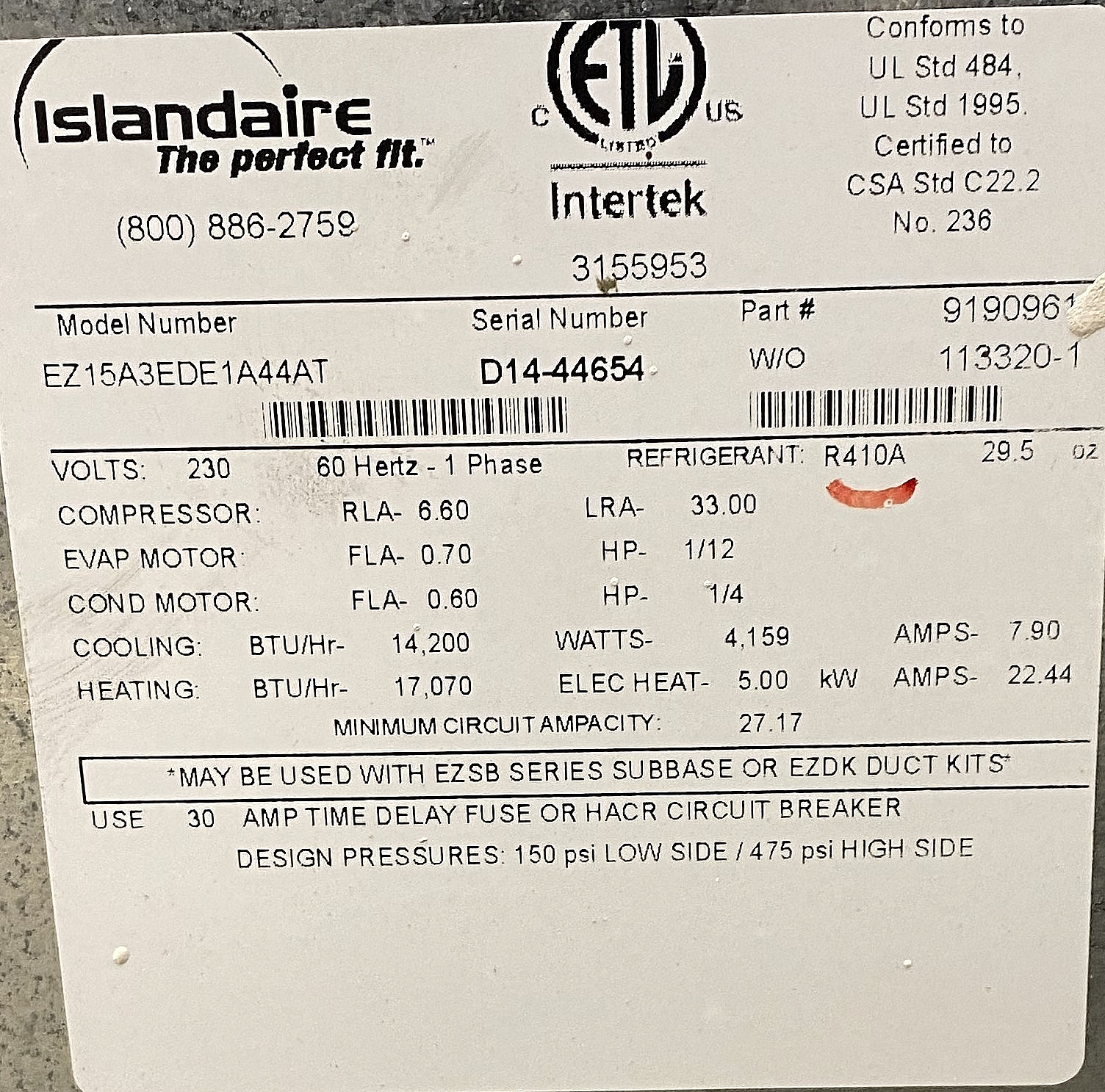 PTAC Power Cord 30amp 240vac – 7200 watts-Fits Islandire – Frigidaire – Carrier