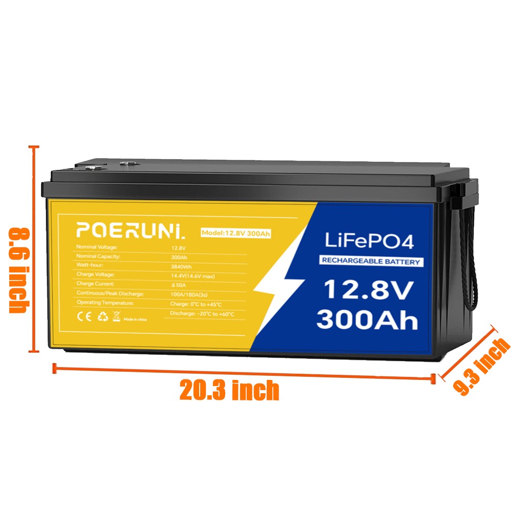 POERUNI 12V 300Ah LiFePO4 Battery 4000+ Deep Cycles 3840Wh 200A BMS for RV Solar