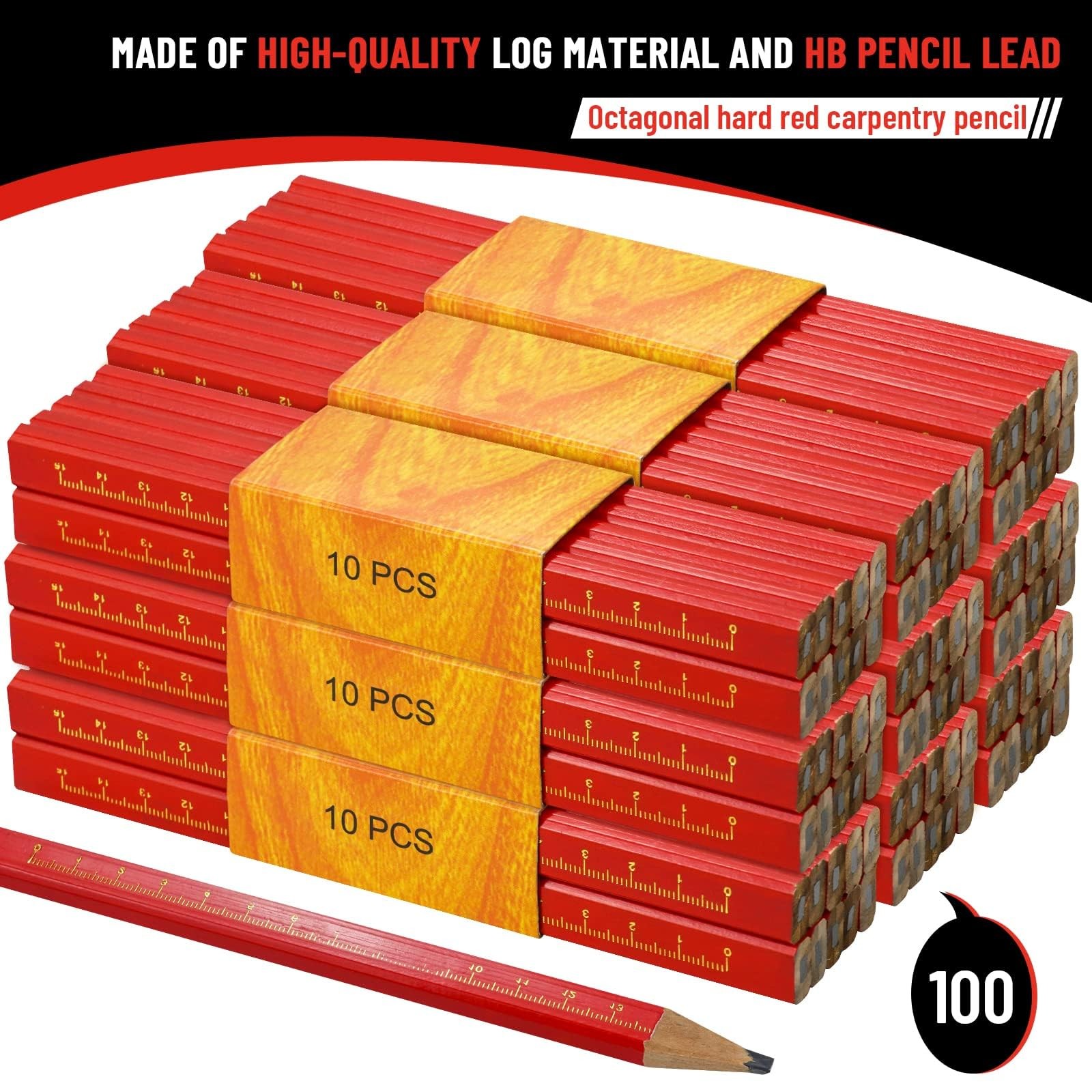 WYOMER 100 Pcs Carpenter Pencils, Octagonal Hard 1 Count (Pack of 100), Red