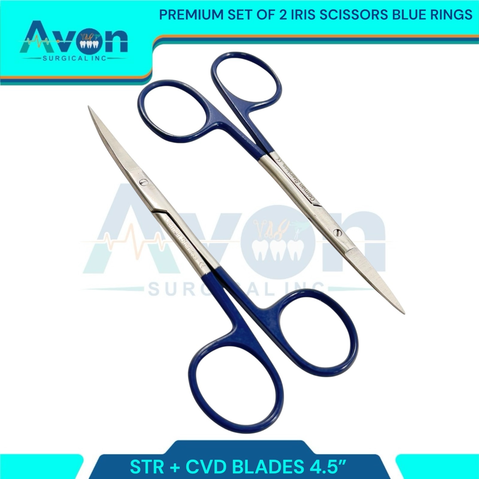 2pcs Premium Dissecting Iris Scissors with Sharp Points, Curved+Straight – 4.5in
