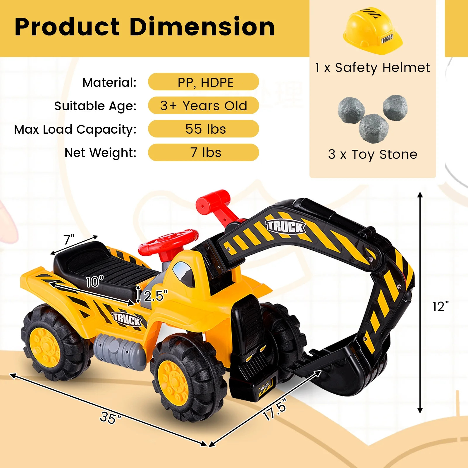 Costway Toddler Ride On Excavator Digger Truck Scooter Seat Storage w/Sound&Hel
