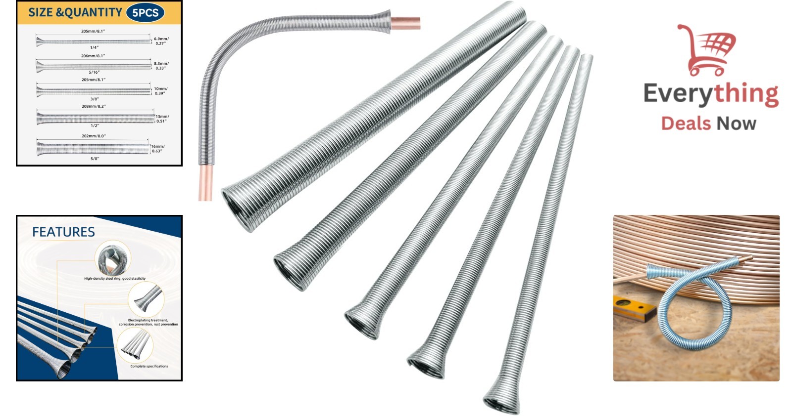 Spring Tubing Bender 5-in-1 Copper Pipe Tool for Brake, HVAC Lines, 1/4-5/8»