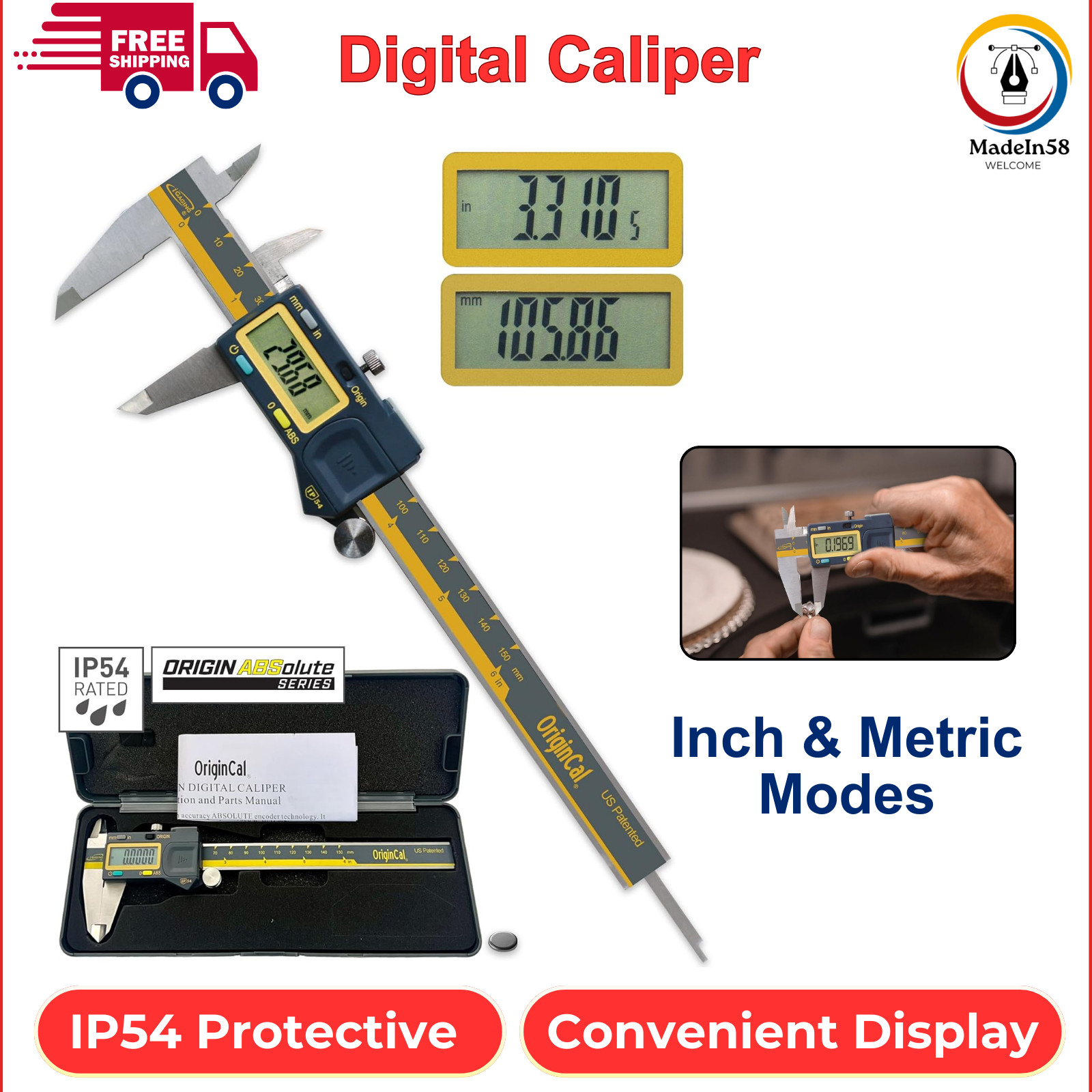 iGAGING Absolute Origin 0-6″ Digital Caliper, IP54 Stainless Steel, SPC/USB Port